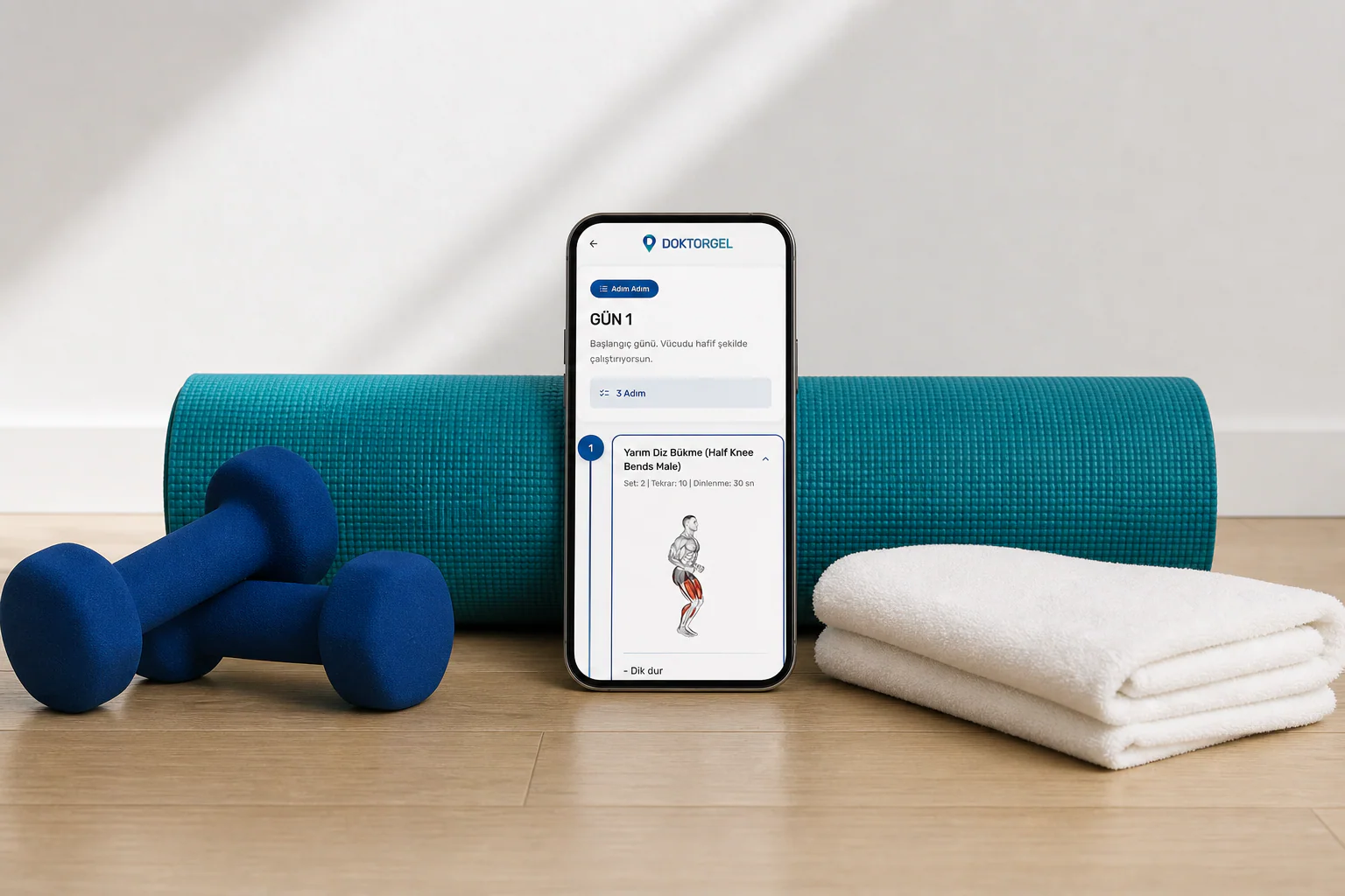 Egzersiz günü ekranı, rulo yoga matına yaslı telefonda