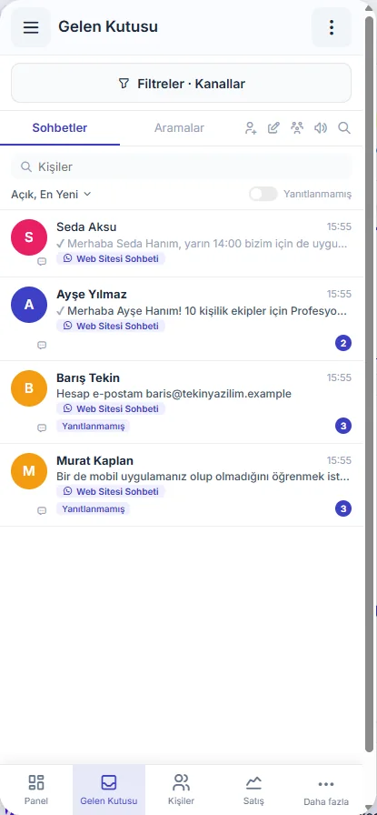 ModiCRM gelen kutusunun dar ekran görünümü: alt sekme çubuğu ve konuşma listesi.